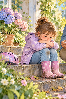 A father quietly offers a tissue to a crying child on garden steps after the rain.