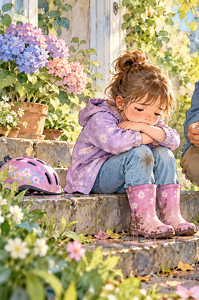 A father quietly offers a tissue to a crying child on garden steps after the rain.