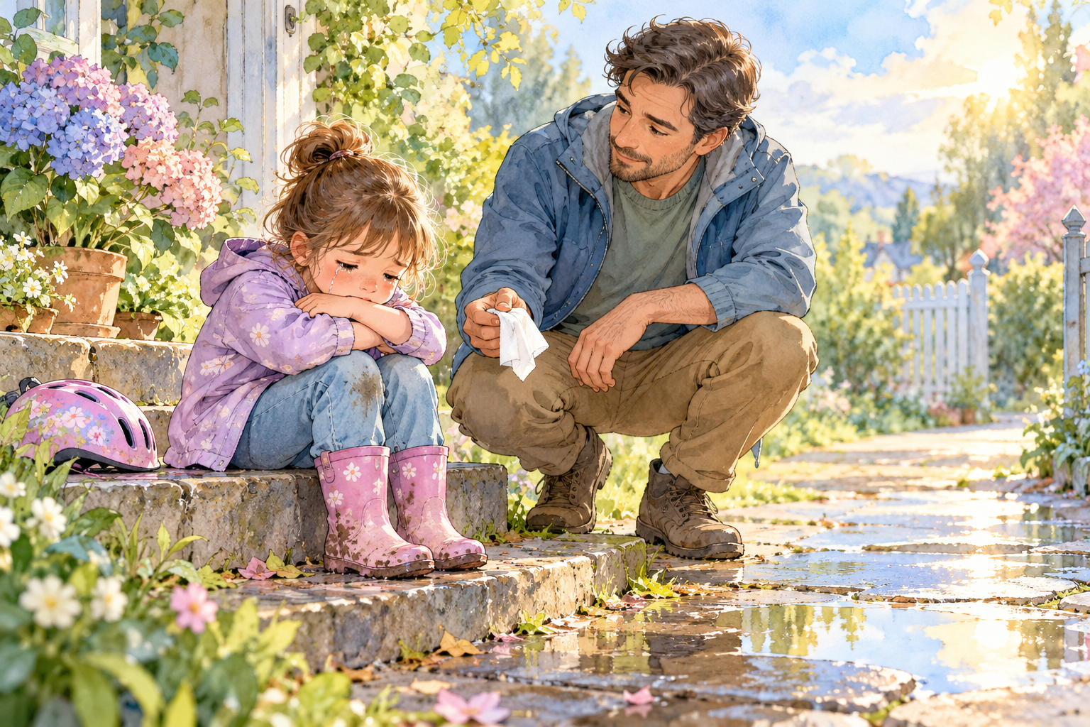 A father quietly offers a tissue to a crying child on garden steps after the rain.