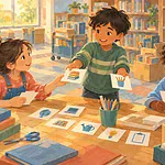 Three children choose illustrated task cards while preparing a library project together.
