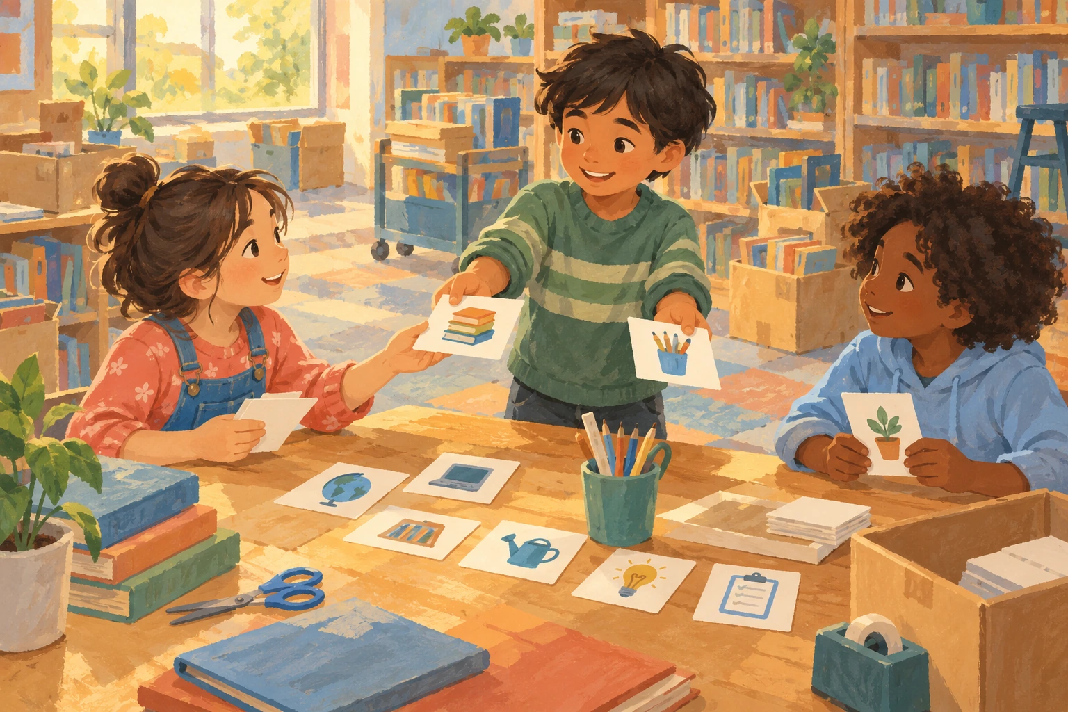Three children choose illustrated task cards while preparing a library project together.
