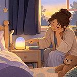 A caregiver points to a colour-changing bedside lamp as a preschooler wakes at dawn.