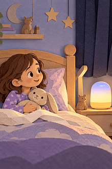 A caregiver points to a colour-changing bedside lamp as a preschooler wakes at dawn.