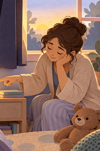 A caregiver points to a colour-changing bedside lamp as a preschooler wakes at dawn.