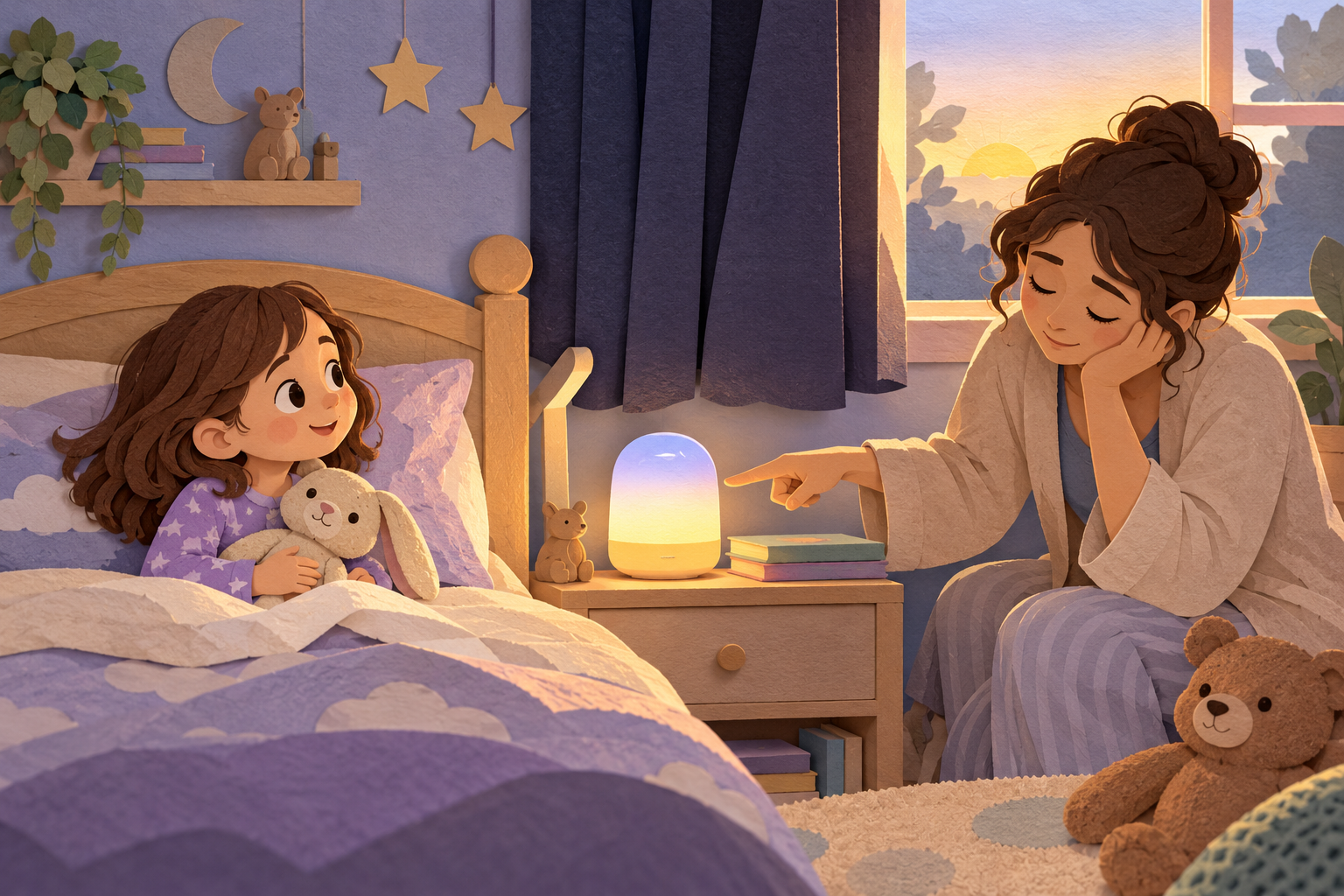 A caregiver points to a colour-changing bedside lamp as a preschooler wakes at dawn.