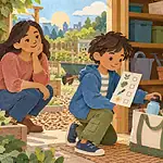 A child checks picture tasks and packs promised garden supplies while a caregiver watches.