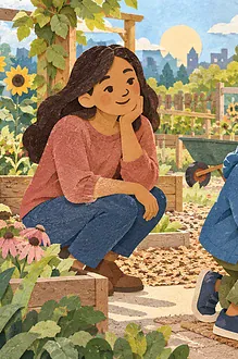 A child checks picture tasks and packs promised garden supplies while a caregiver watches.