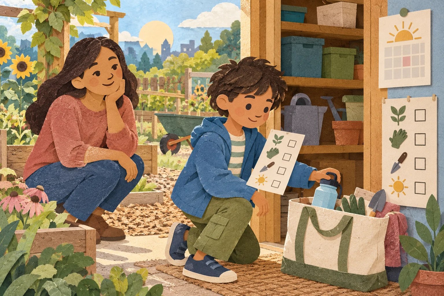 A child checks picture tasks and packs promised garden supplies while a caregiver watches.