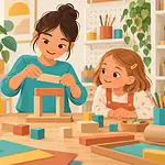 An older child demonstrates a block-building step to two younger children.