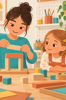 An older child demonstrates a block-building step to two younger children.