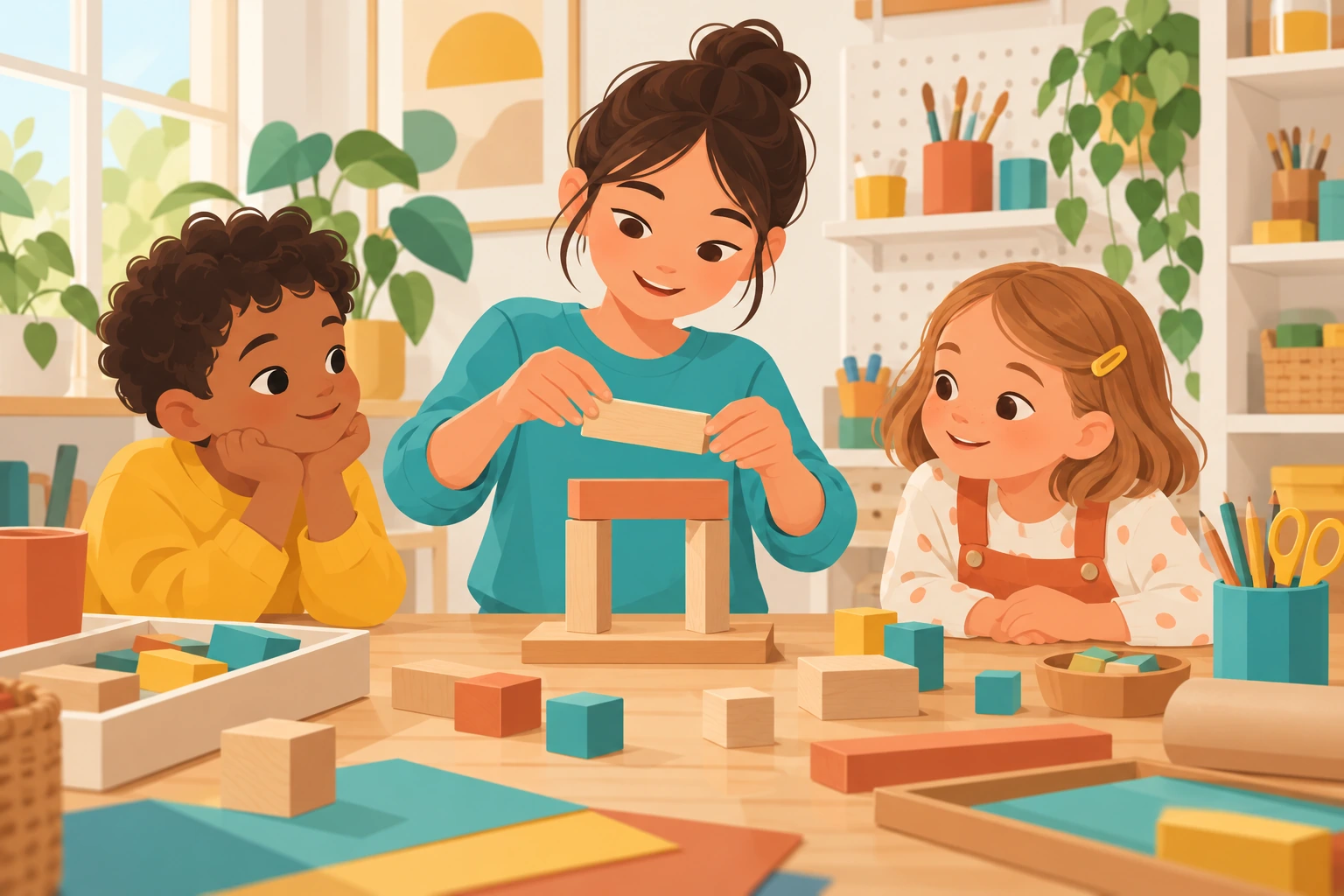An older child demonstrates a block-building step to two younger children.