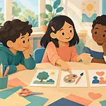 Children gather around picture cards while one child calmly facilitates a group decision.