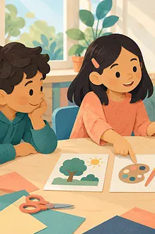 Children gather around picture cards while one child calmly facilitates a group decision.