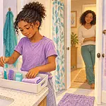 Child organizing a toothbrush, comb and towel into a personal hygiene tray