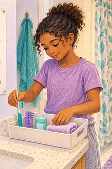 Child organizing a toothbrush, comb and towel into a personal hygiene tray
