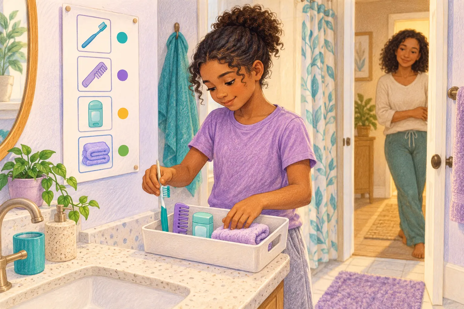 Child organizing a toothbrush, comb and towel into a personal hygiene tray