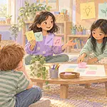 A child adds an idea card to a group project while classmates give her time and attention.