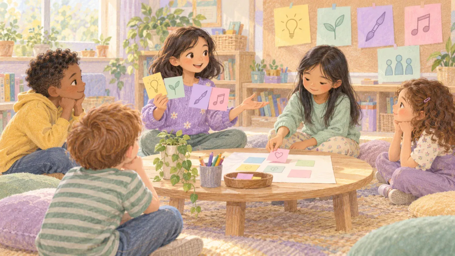 A child adds an idea card to a group project while classmates give her time and attention.