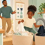 Child sorting light and dark laundry while a parent encourages from nearby