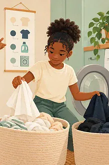 Child sorting light and dark laundry while a parent encourages from nearby