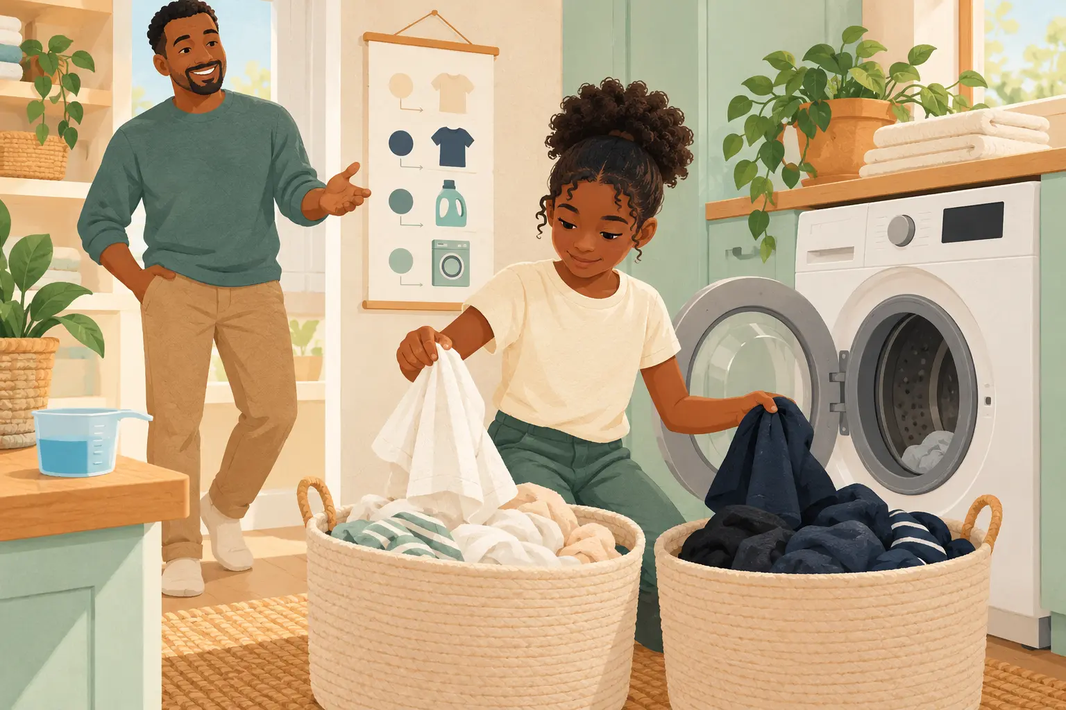 Child sorting light and dark laundry while a parent encourages from nearby