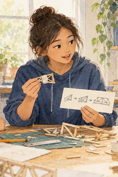 A young leader shows teammates a repaired model and a clearer plan after a mistake.