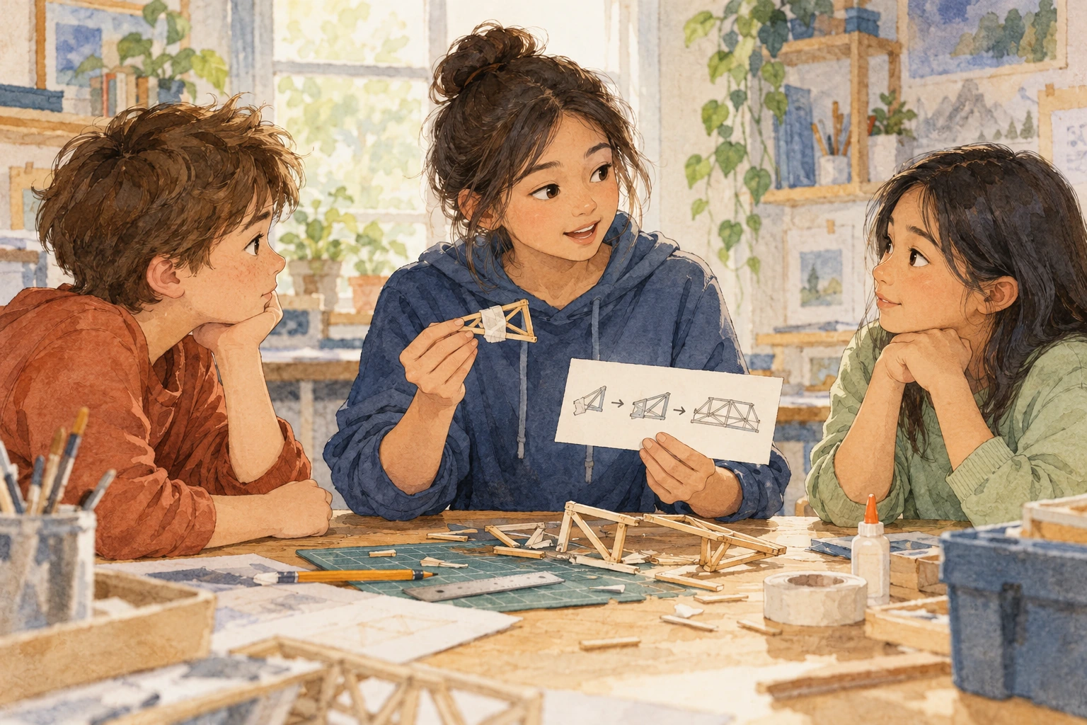 A young leader shows teammates a repaired model and a clearer plan after a mistake.