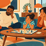 A disappointed child pauses beside a board game while family members wait respectfully.