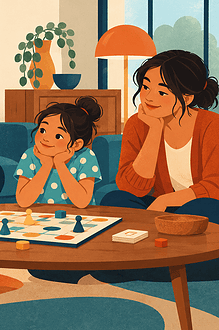 A disappointed child pauses beside a board game while family members wait respectfully.