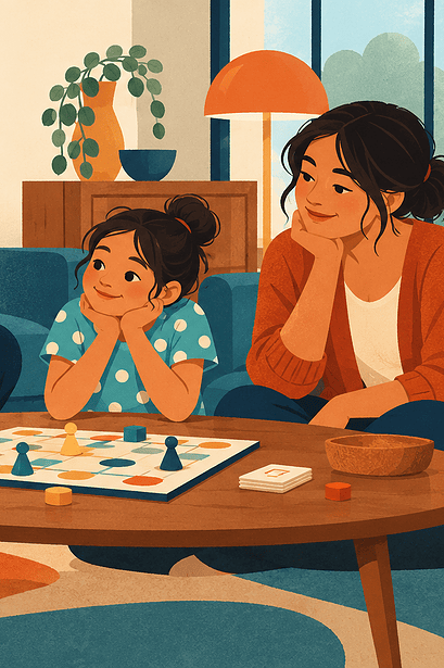 A disappointed child pauses beside a board game while family members wait respectfully.