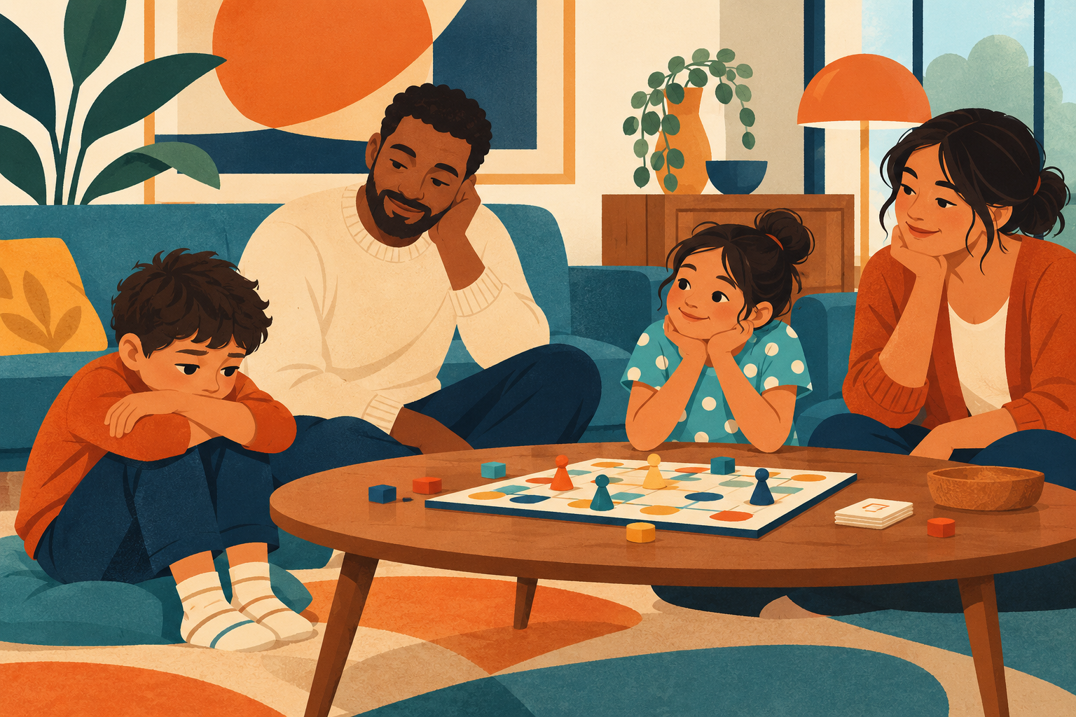 A disappointed child pauses beside a board game while family members wait respectfully.