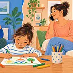 A child draws peacefully while separated parents communicate directly by phone from different homes