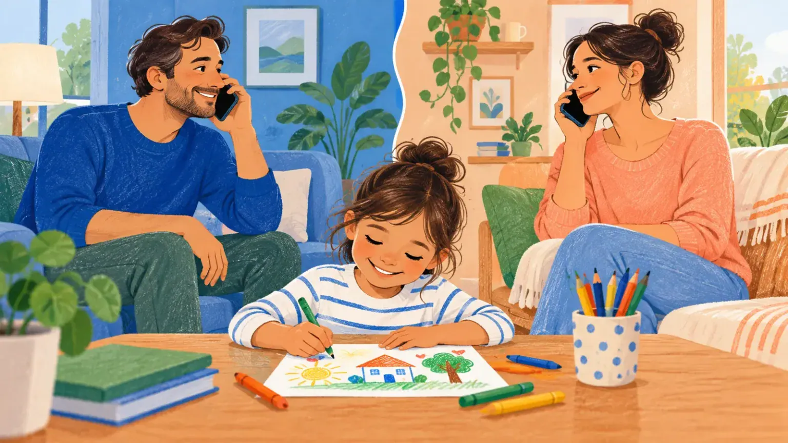 A child draws peacefully while separated parents communicate directly by phone from different homes