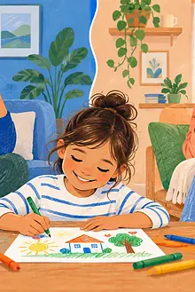 A child draws peacefully while separated parents communicate directly by phone from different homes