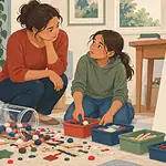 A preteen cleans spilled craft materials and reviews a simple repair plan with a caregiver.