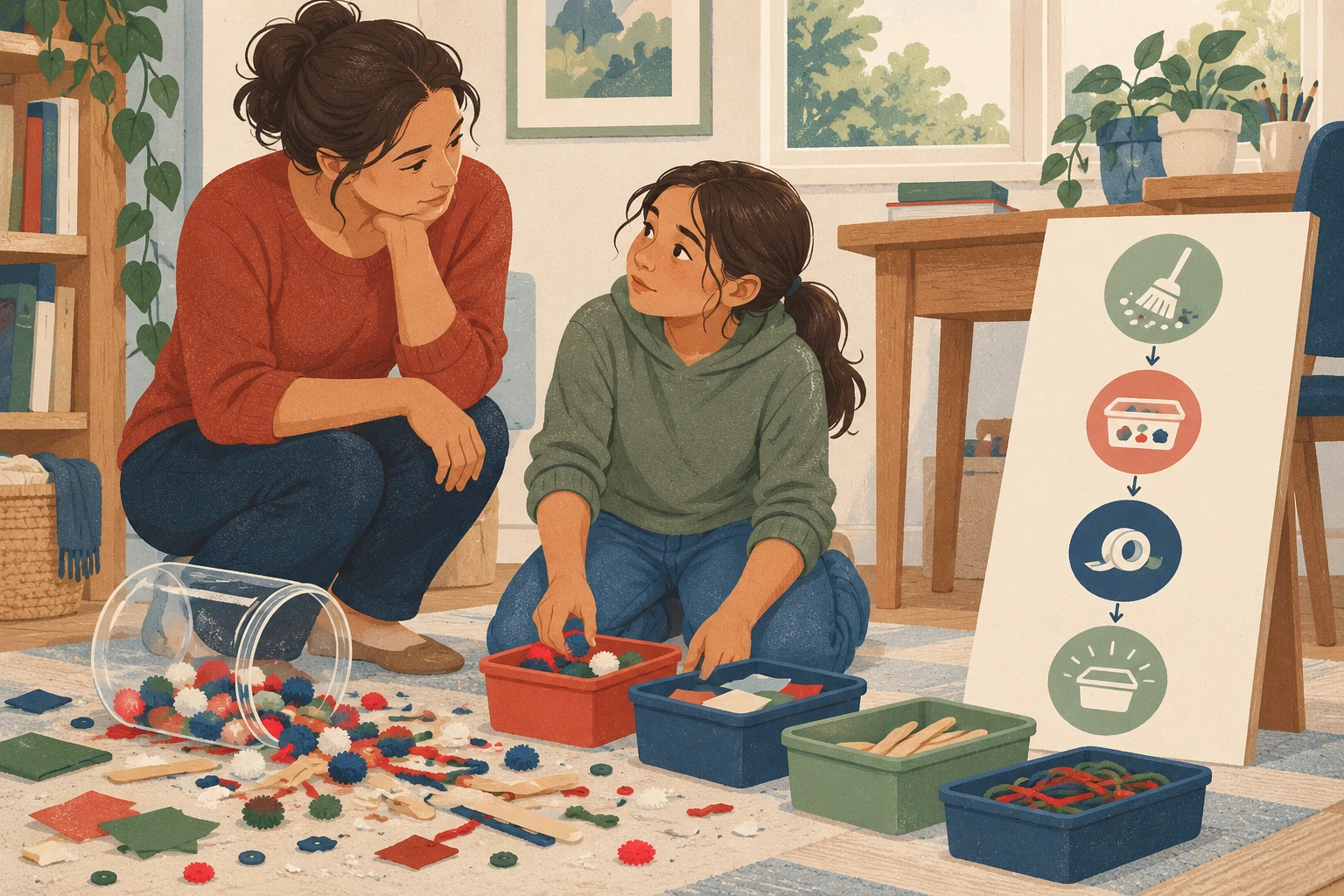 A preteen cleans spilled craft materials and reviews a simple repair plan with a caregiver.