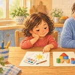 A young child chooses between two illustrated activity options with a caregiver nearby.