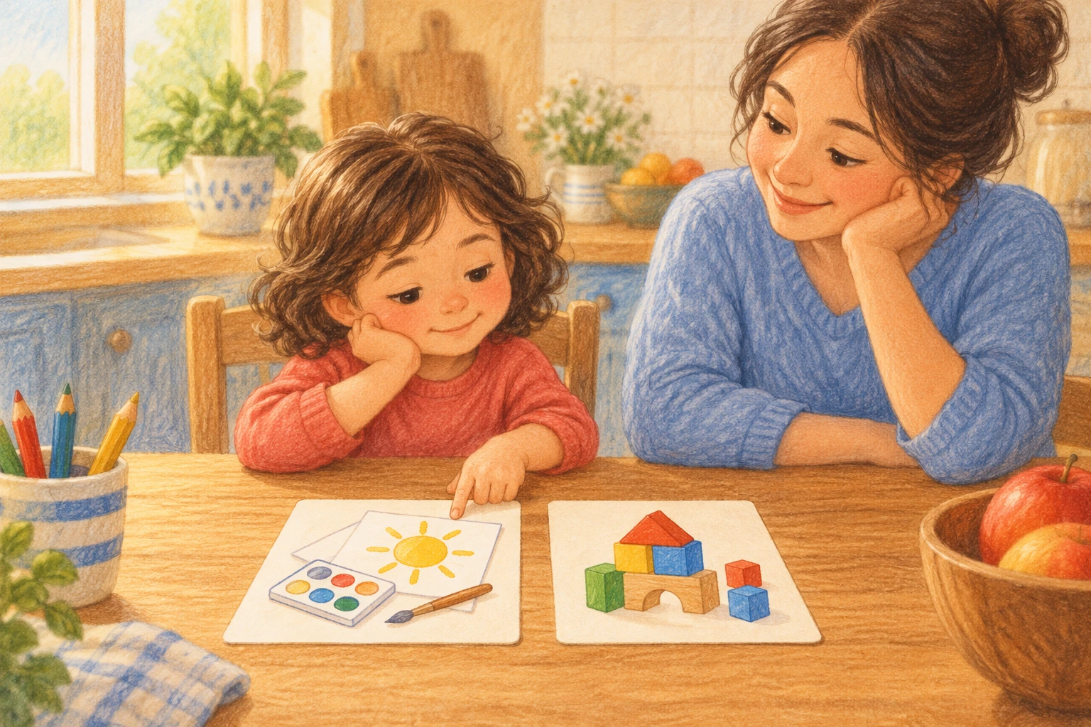 A young child chooses between two illustrated activity options with a caregiver nearby.
