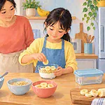 Child assembling a banana, yogurt and oat snack at a clean kitchen counter