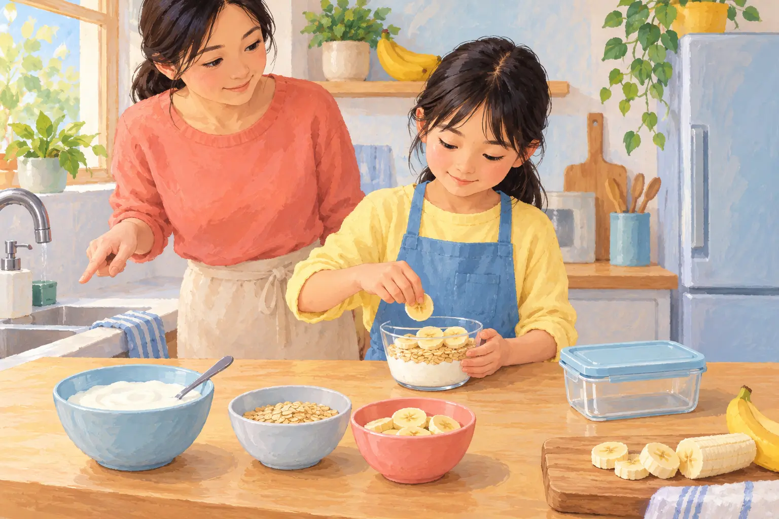 Child assembling a banana, yogurt and oat snack at a clean kitchen counter