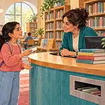 Child asking a librarian for help while a parent waits behind