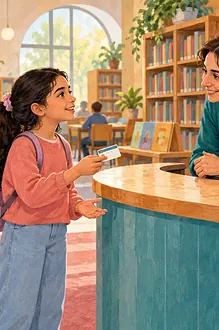 Child asking a librarian for help while a parent waits behind