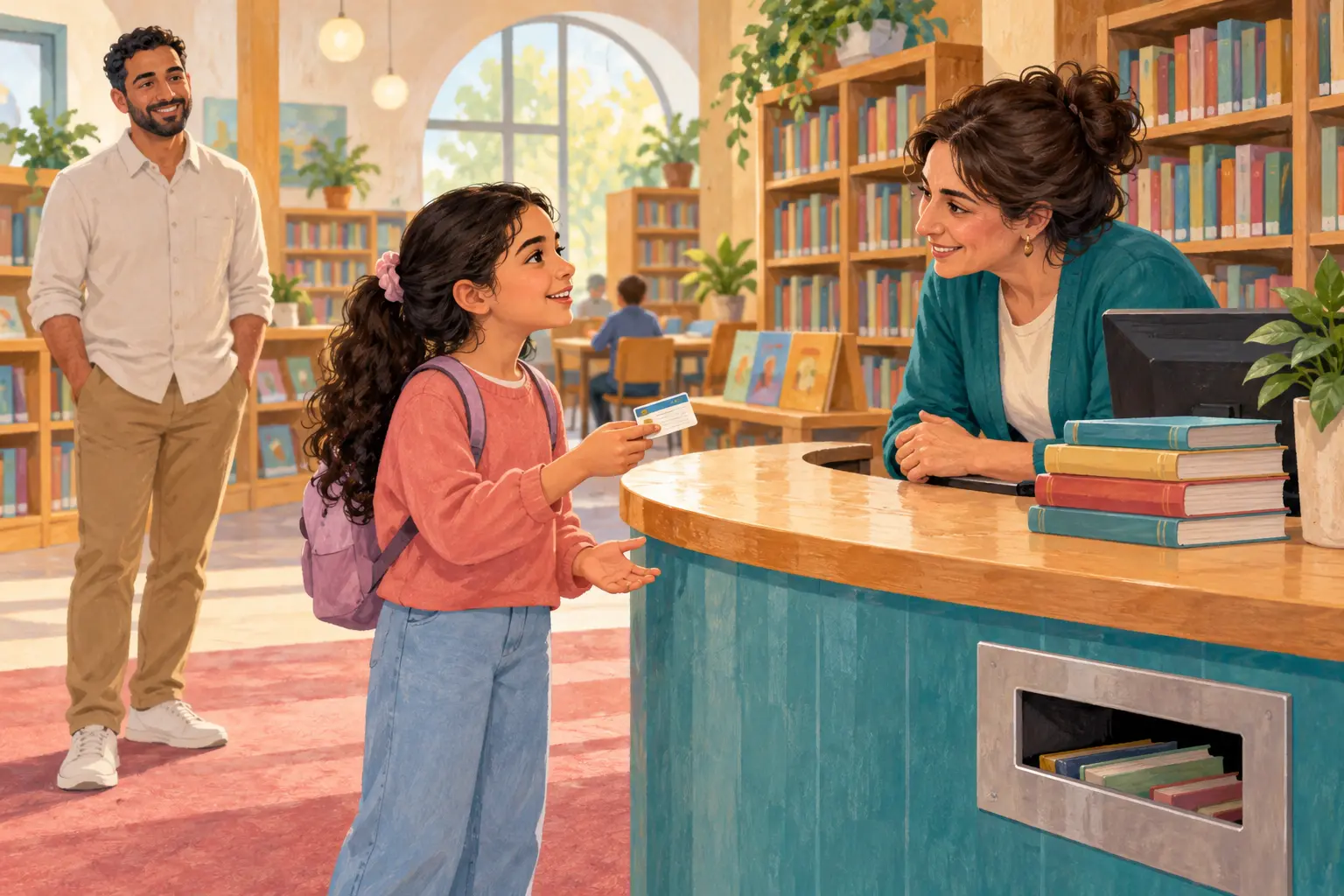 Child asking a librarian for help while a parent waits behind