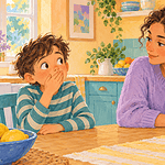 A surprised child covers their mouth while a caregiver responds calmly at the kitchen table.
