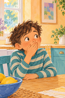 A surprised child covers their mouth while a caregiver responds calmly at the kitchen table.