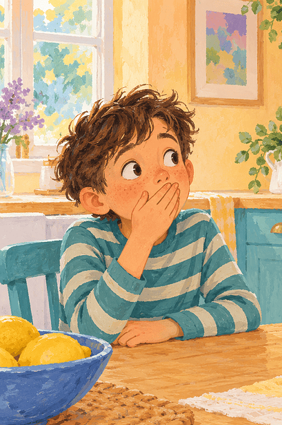 A surprised child covers their mouth while a caregiver responds calmly at the kitchen table.