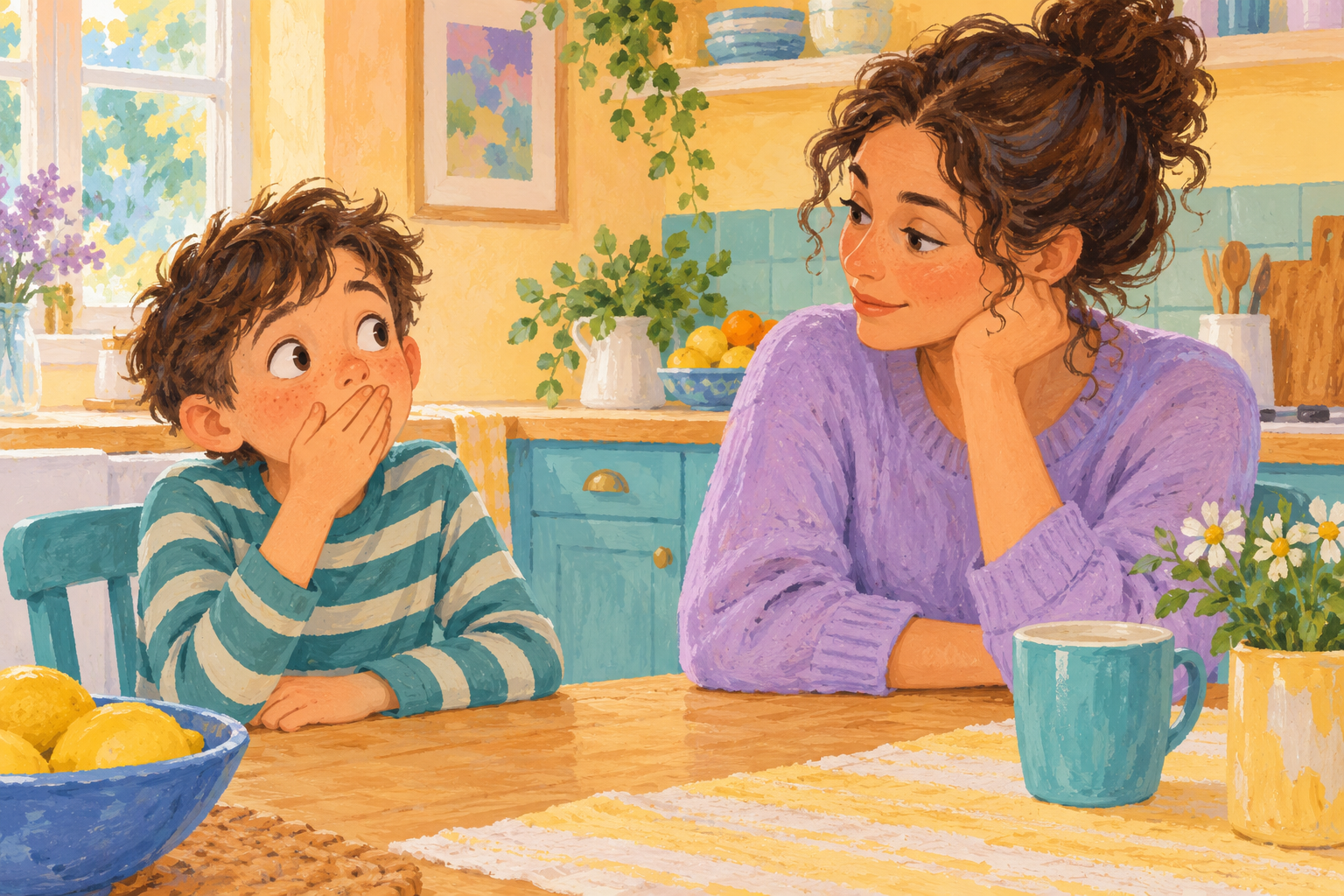 A surprised child covers their mouth while a caregiver responds calmly at the kitchen table.