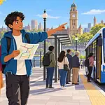 Teen leading a caregiver along a familiar bus route using a map and landmark