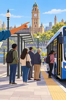 Teen leading a caregiver along a familiar bus route using a map and landmark