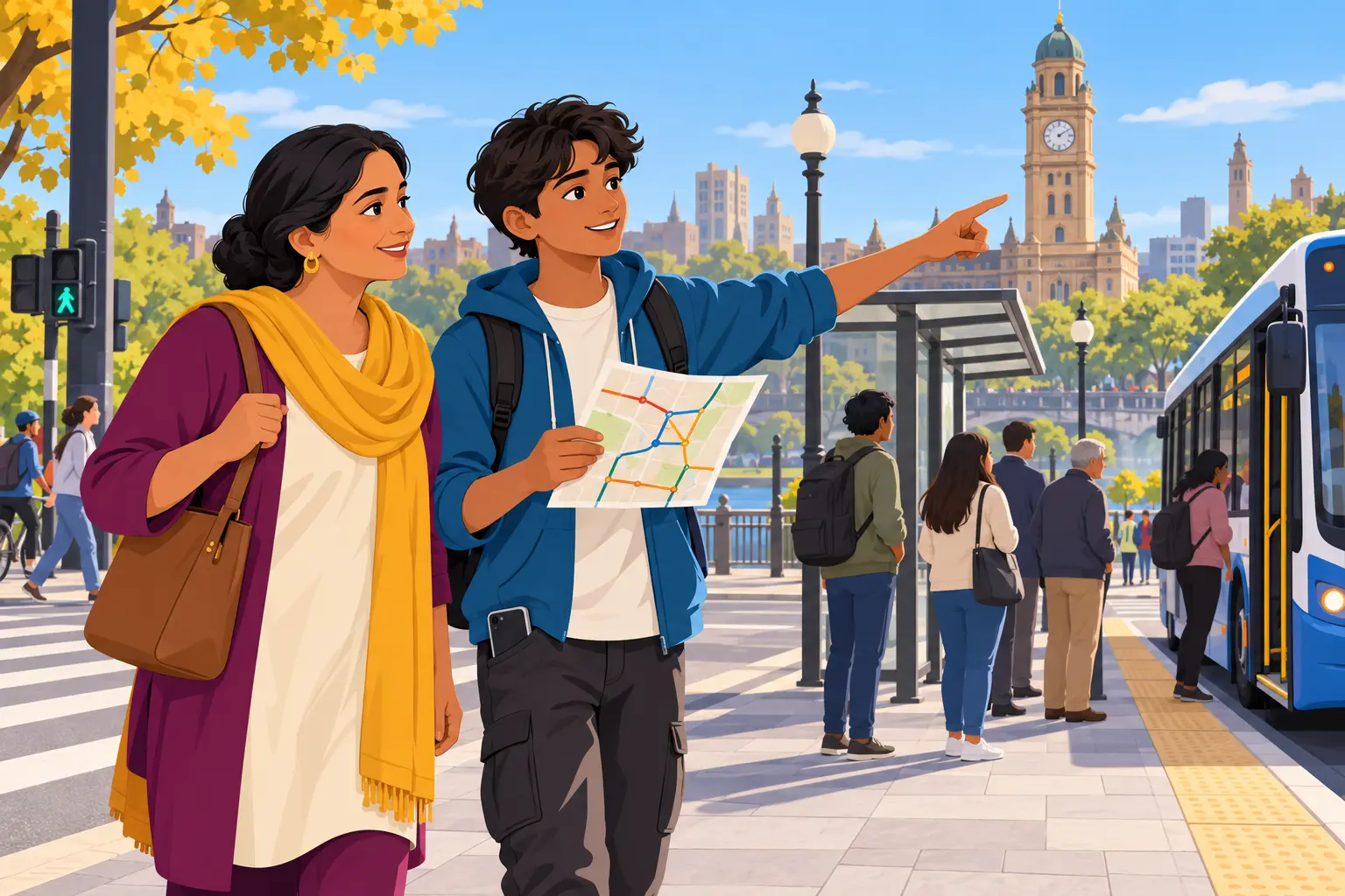 Teen leading a caregiver along a familiar bus route using a map and landmark